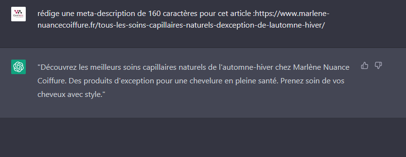 ChatGPT peut vous être utile pour rédiger des meta descriptions optimisées à partir de l'url de votre page. 