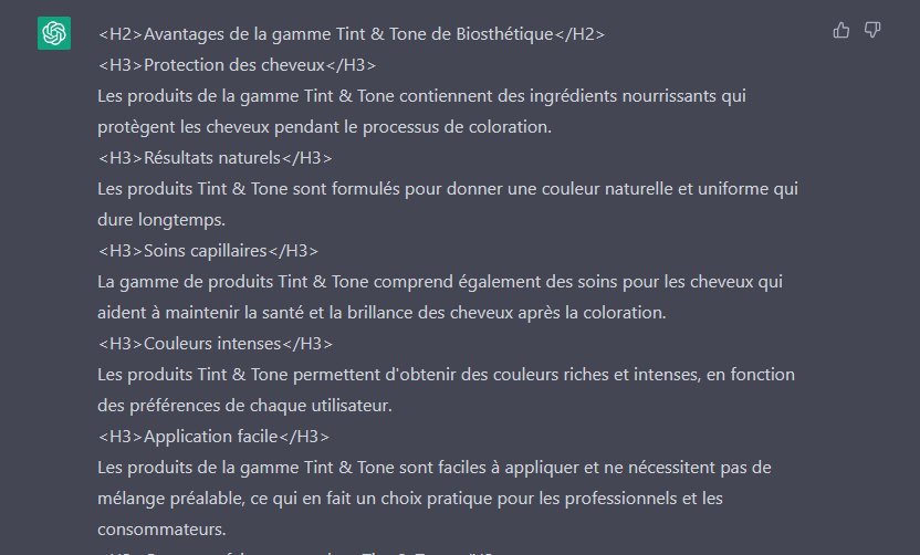 Vous pouvez demander, par exemple au chatbot de vous proposer les balises de H1 à H3.