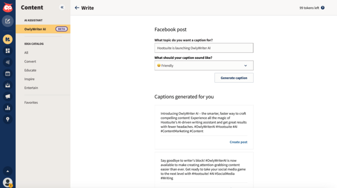 IA OwlyWriter lancé par Hootsuite permet de générer des posts pour les réseaux sociaux à partir d'un prompt ou d'une url d'un article de blog